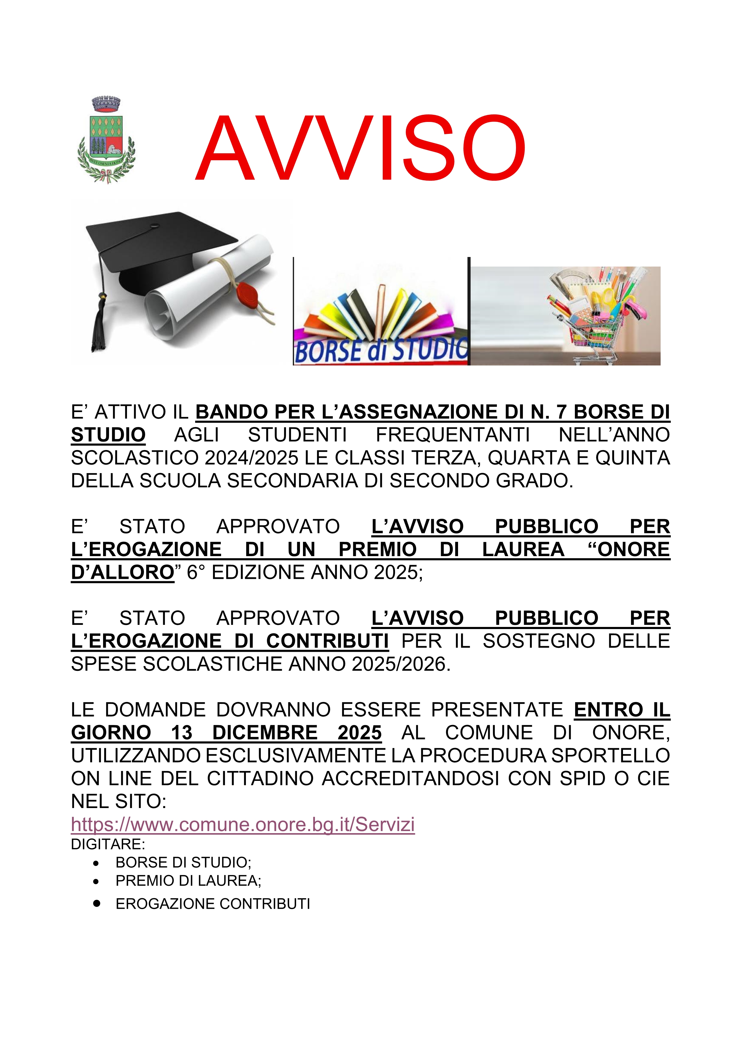 Avviso relativo ai bandi/avvisi pubblici relativi al Piano di diritto allo Studio Anno Scolastico 2025/2026